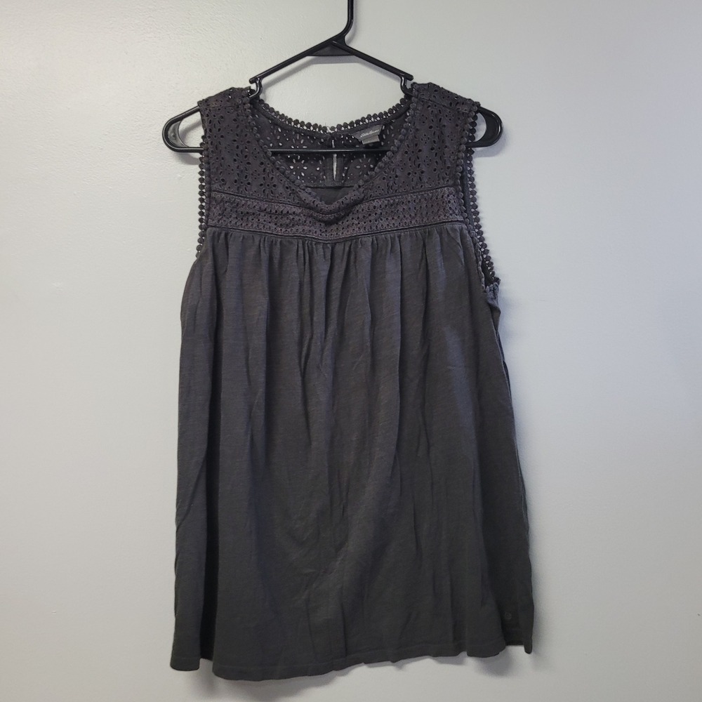 Eddie Bauer Womens Large Charcoal Gray Eyelet Lace Trim Sleeveless Tank Top